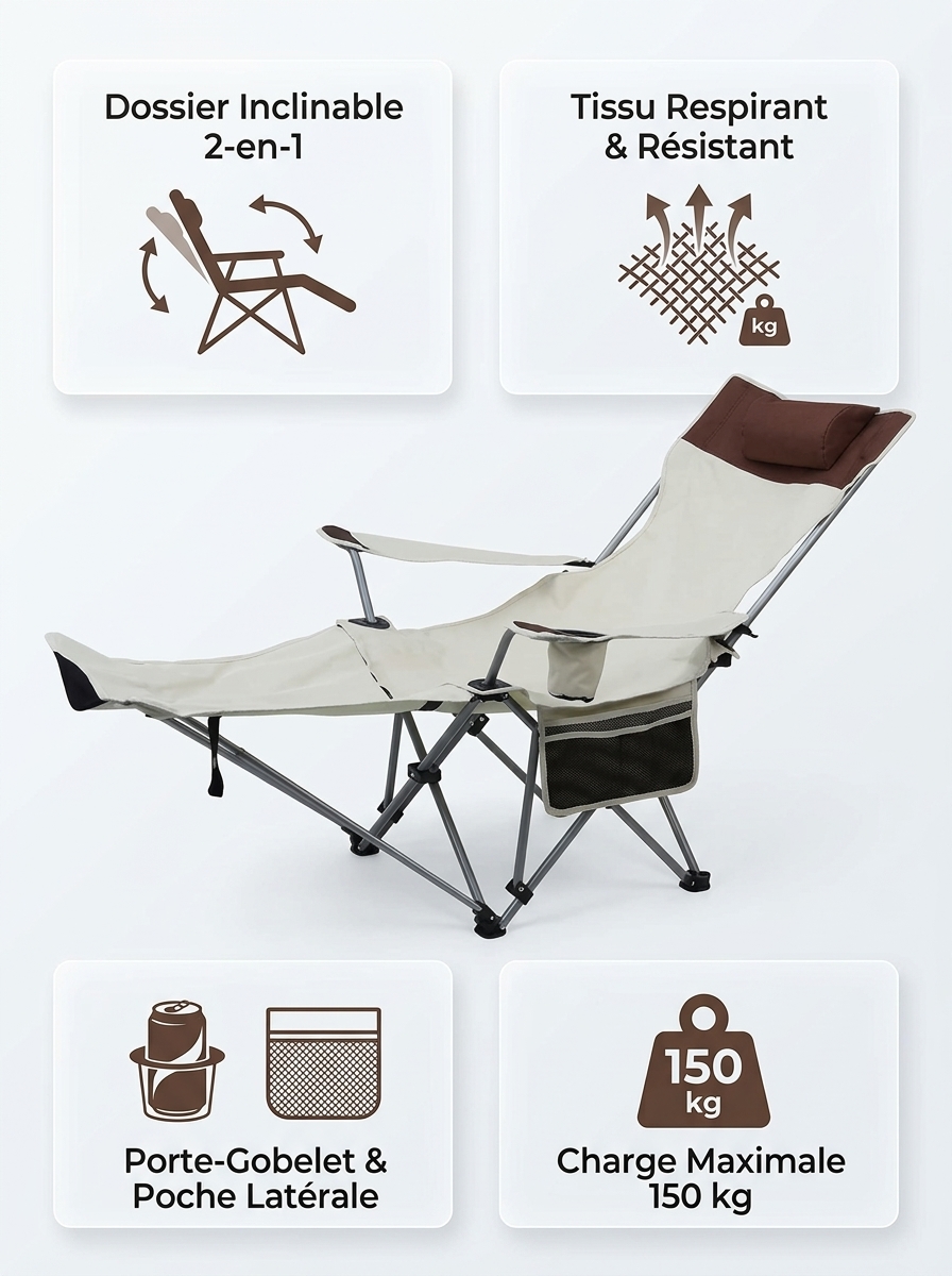 Chaise de camping pliante multifonctionnelle portable pour l'extérieur avec sac de transport, chaise de plage - Image 3