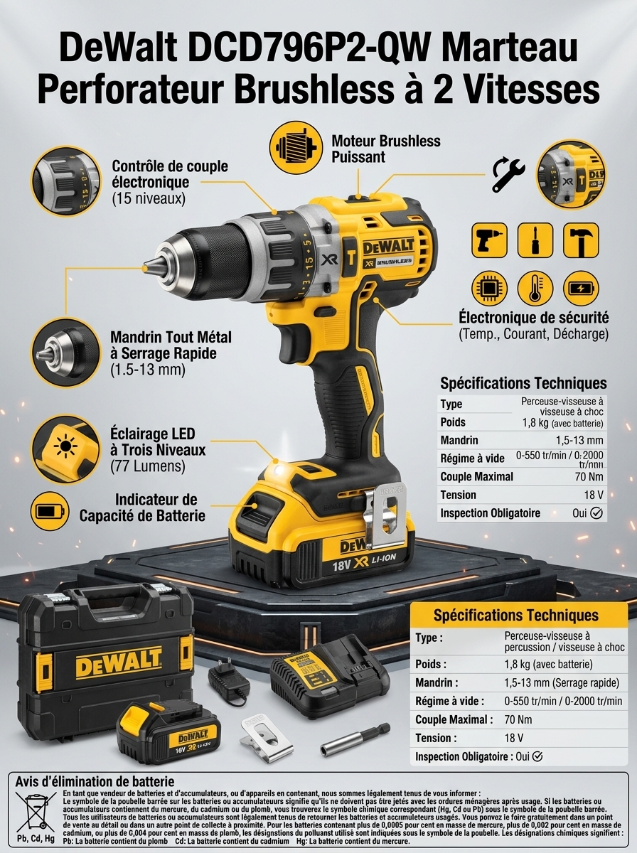 Perceuse-Visseuse à Percussion DeWalt DCD796P2-QW : Puissance, Robustesse et Performance Pro - Image 1